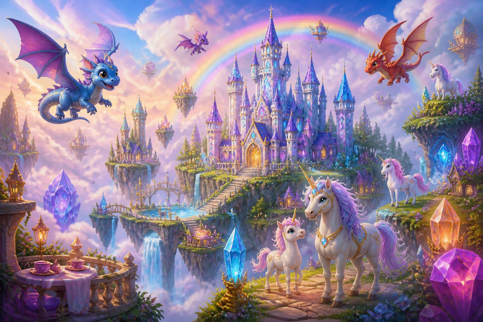 Reino de fantasia com castelo de cristal, unicórnios e ilhas flutuantes
